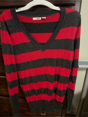 BONGO Red and Charcoal Striped V-Neck Pullover